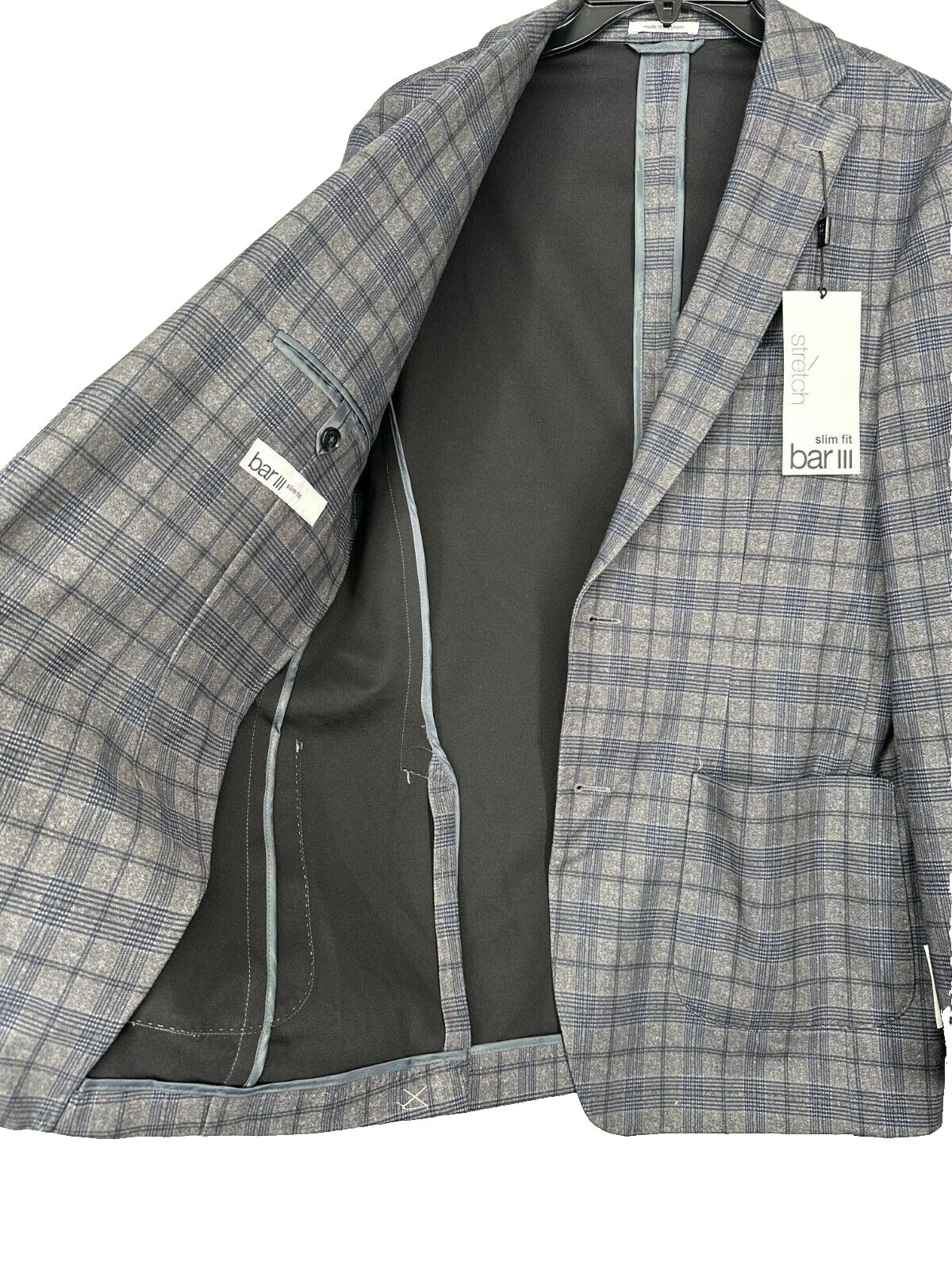 Bar III Sport Coat Mens Size 36R Gray Windowpane Plaid Slim Fit NWT $295