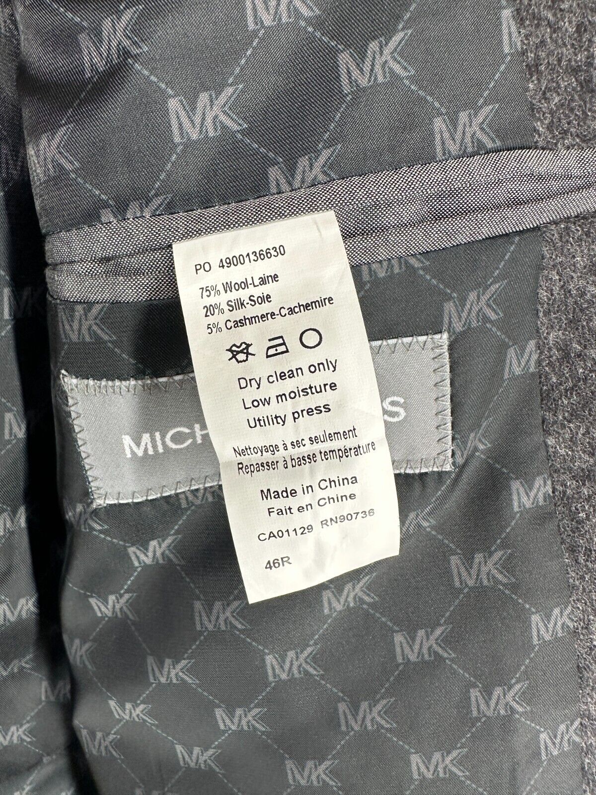 MICHAEL KORS Sport Coat Mens Size 46R Charcoal Wool Silk Cashmere Classic NWOT