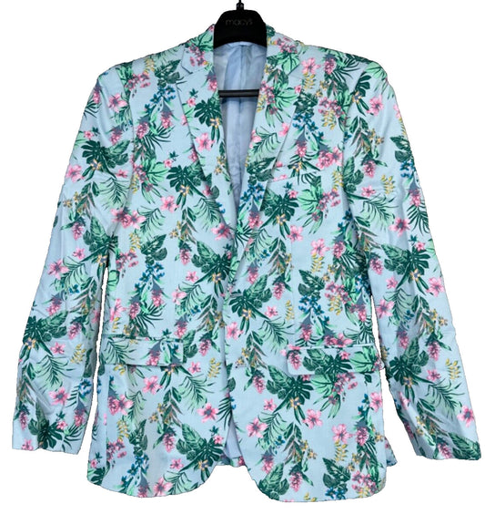 Bar III Mens Suit Jacket Size 38R Blue Pink Floral Print Slim Fit Blazer NWOT