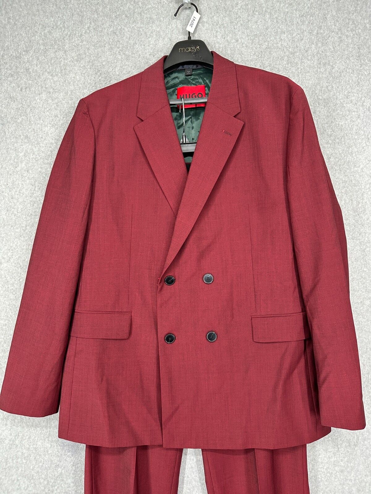 HUGO Suit Mens Size 42R 38x32 2-Piece Dark Red Double Breasted Super Flex NWT