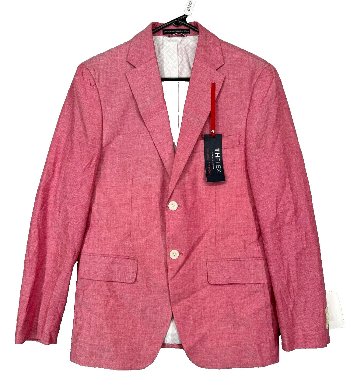 TOMMY HILFIGER Blazer Jacket Size 36S Red Chambray Abstract Stripe Modern Fit