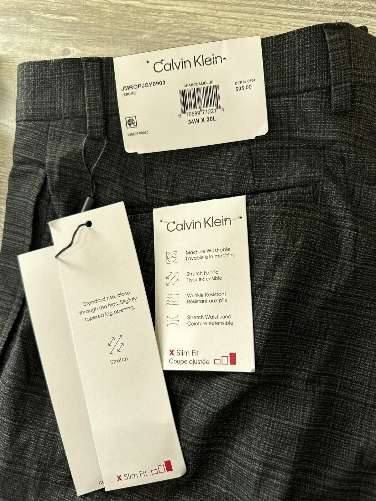 Calvin Klein Dress Pants Mens Size 34x30 Charcoal Blue Plaid Slim Fit Performanc