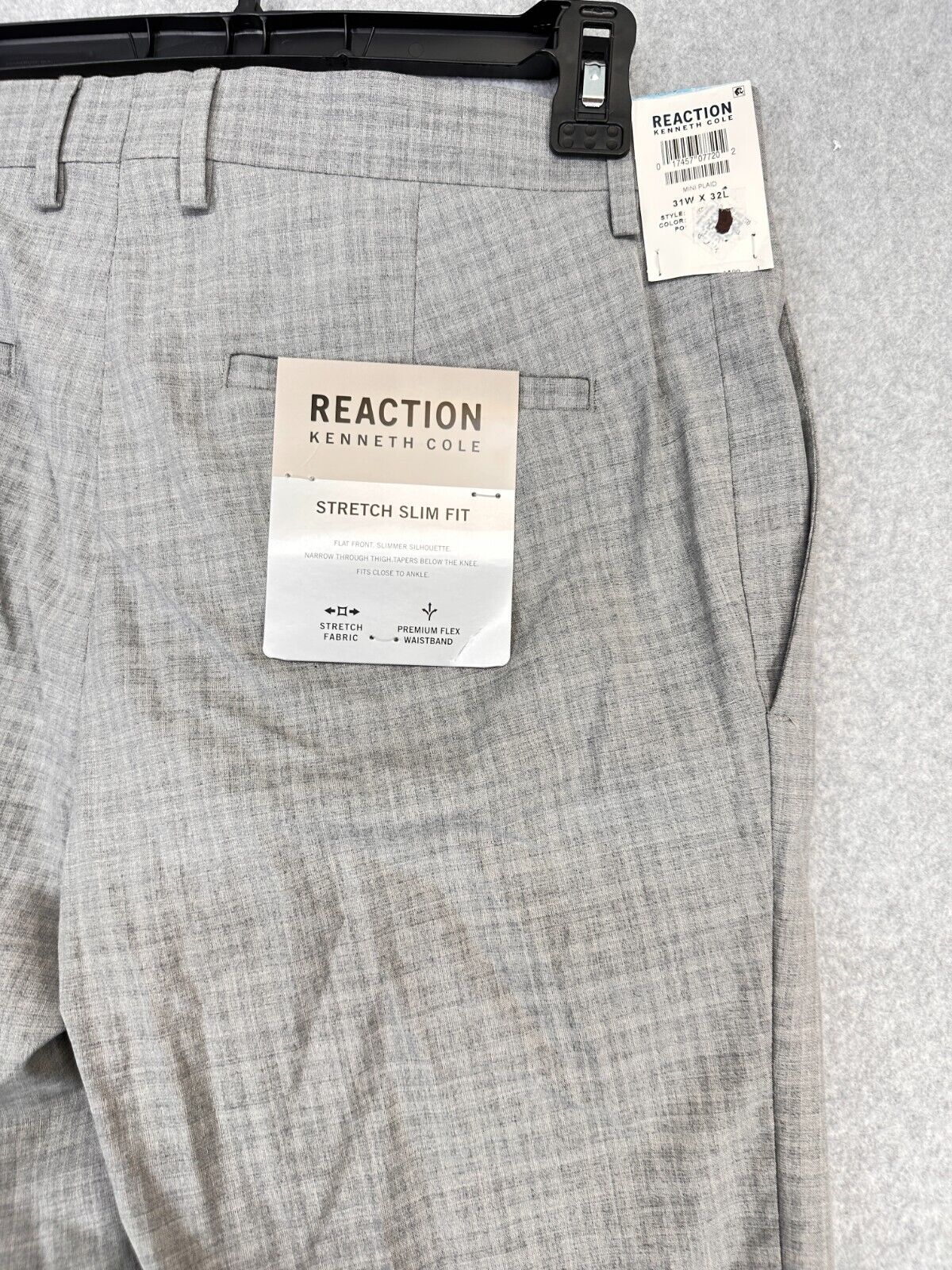 Kenneth Cole Reaction Pants Mens Slim Fit Size 31x32 Gray Mini Plaid Stretch NWT