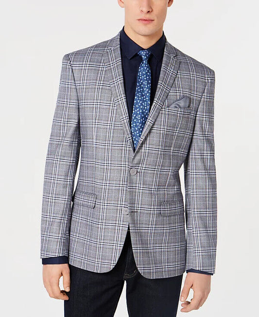 BAR III Sport Coat 38R Blue Gray Plaid Active Stretch Slim Fit NWT $295