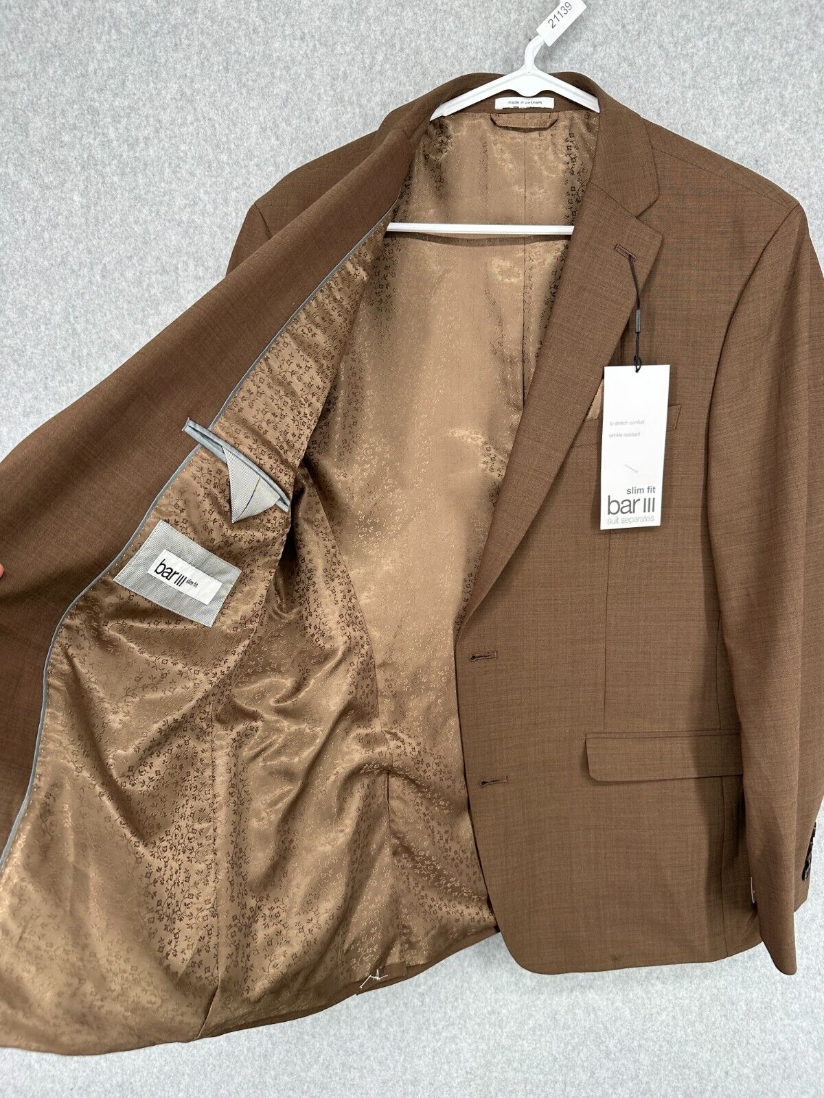 Bar III Suit Jacket Mens Size 46L Brown Slim Fit Wool Blend NWOT $425