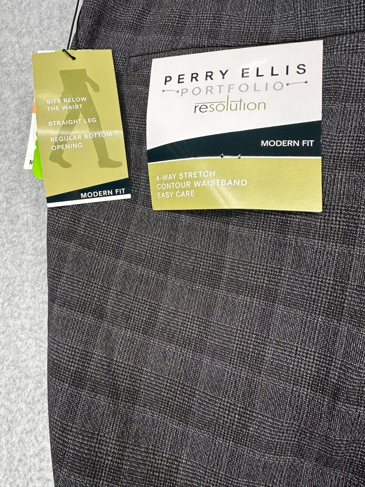 Perry Ellis Dress Pants Mens Size 33x32 Charcoal Plaid Modern Fit Stretch NWT