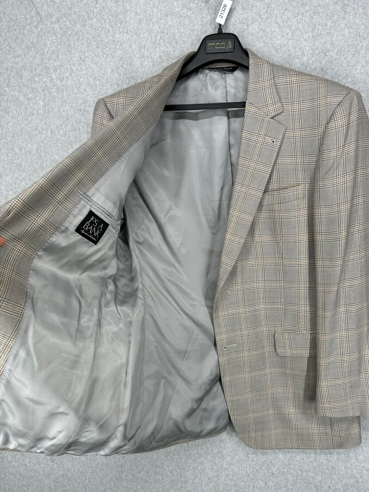 JOS A BANKS Sport Coat Size 40R Tan Gray Plaid Silk Wool Blend Classic Fit