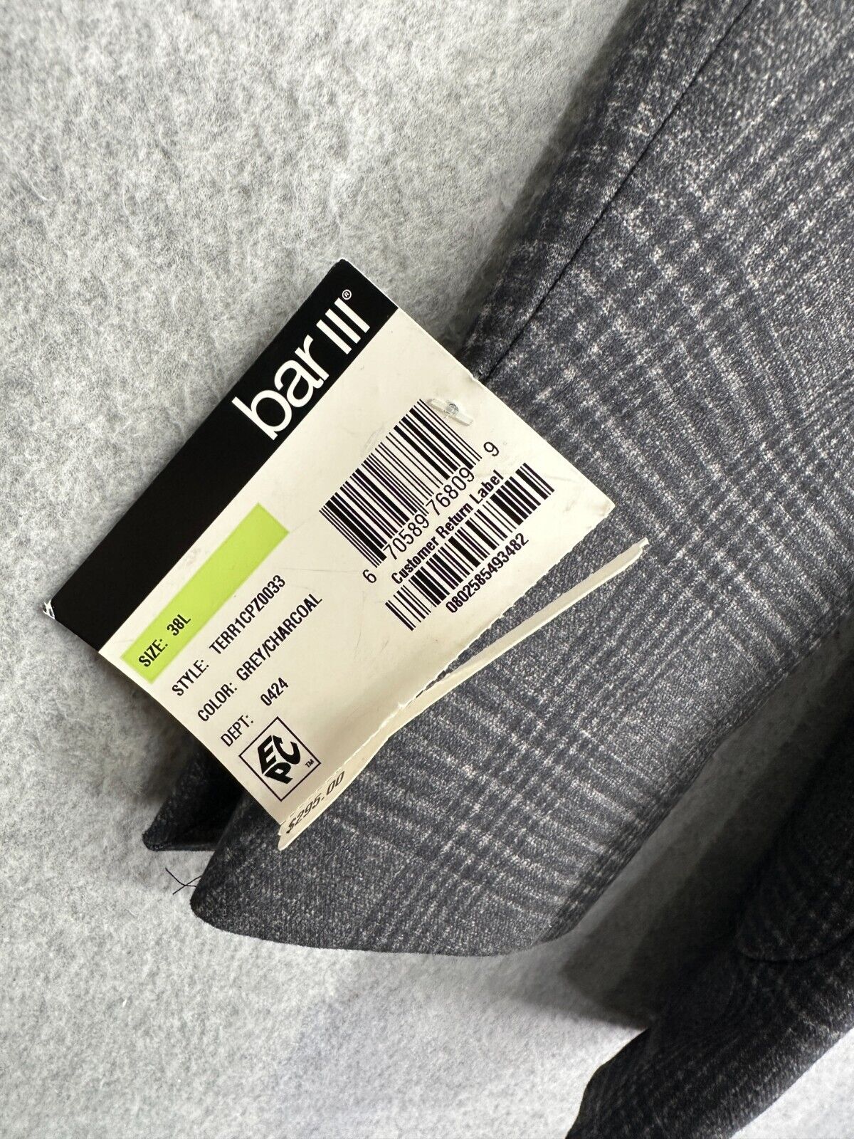 Bar III Sport Coat Mens Size 38L Gray Charcoal Plaid Slim Fit NWT $295