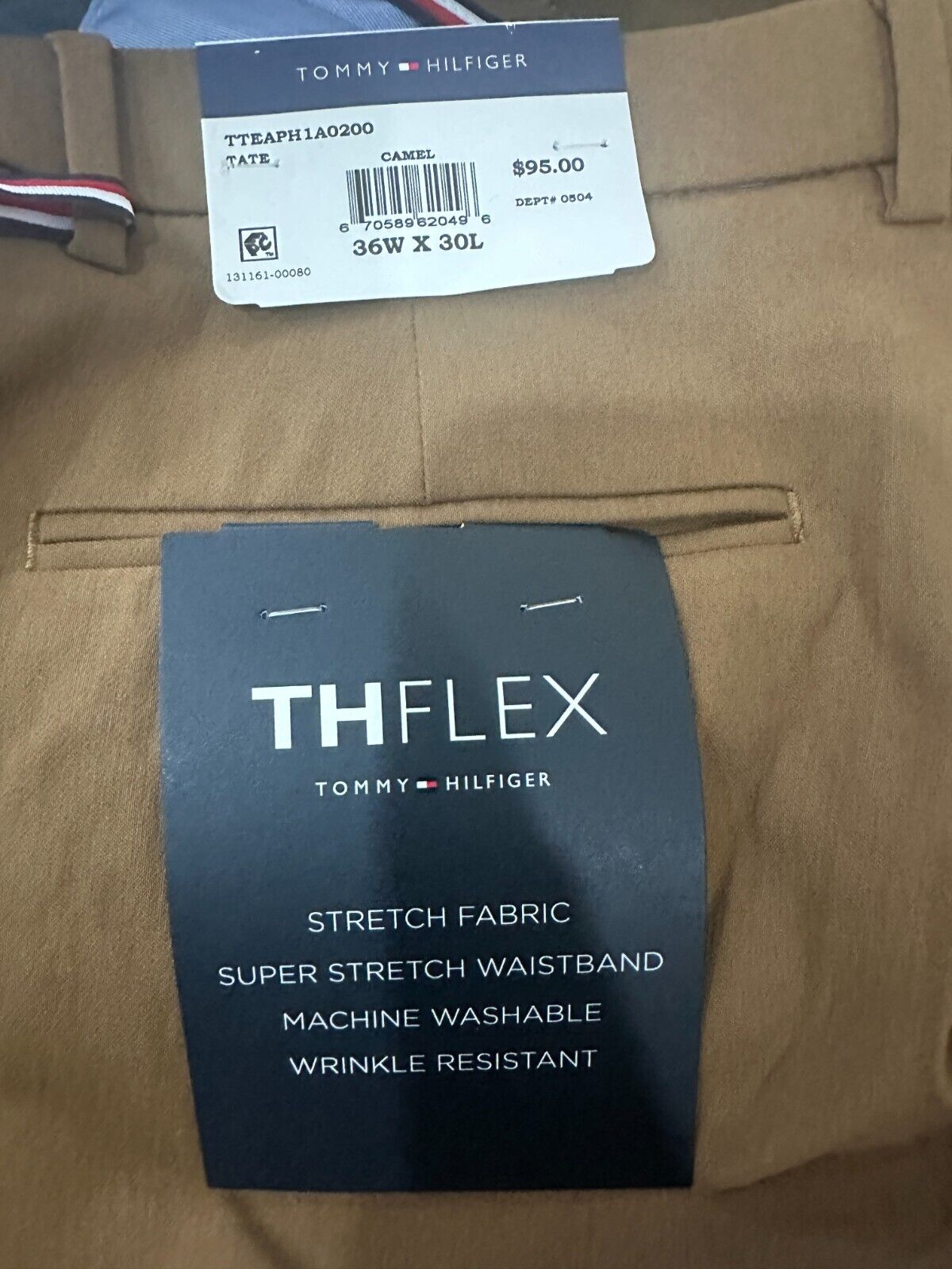 TOMMY HILFIGER Dress Pants Mens Size 36x30 Camel Brown Solid Stretch Performance