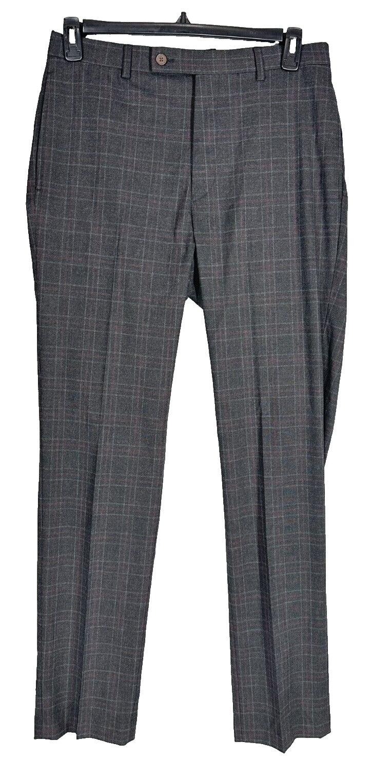 Calvin Klein Dress Pants Mens Size 33x34 Charcoal Red Plaid Slim Fit Performanc