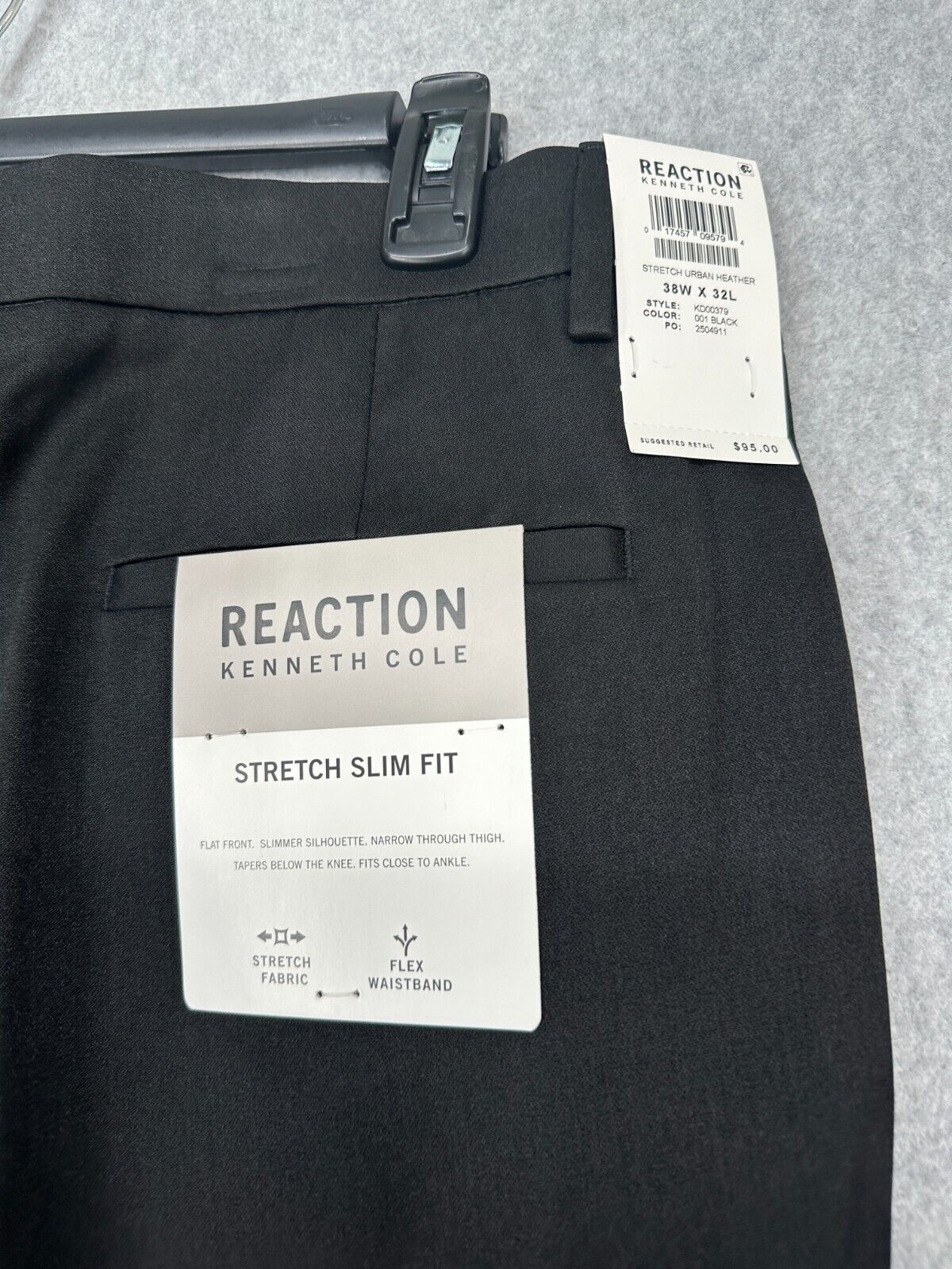 Kenneth Cole Reaction Dress Pants Mens Size 38x32 Black Slim Fit Stretch NWT