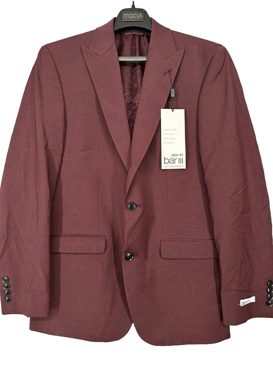 Bar III Suit Jacket Mens Size 34S Burgundy Dark Red Slim Fit Wool Blend NWT $425