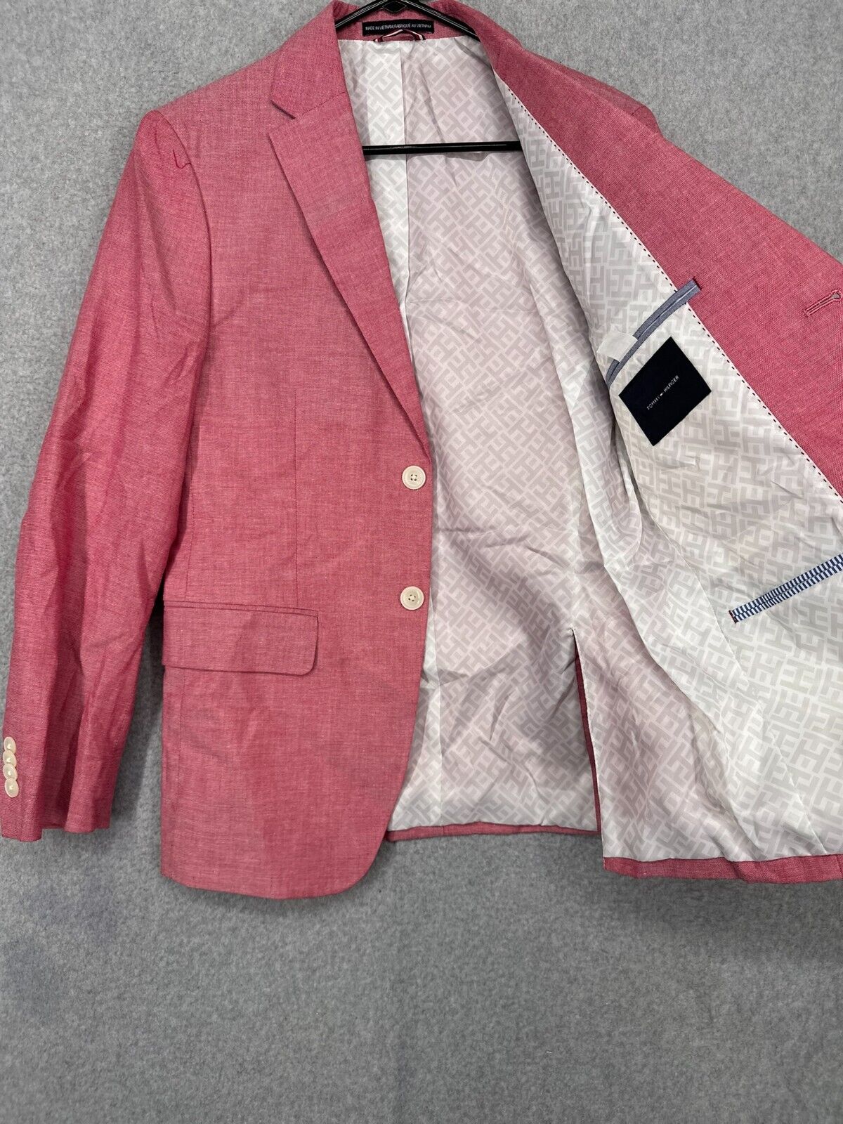 TOMMY HILFIGER Blazer Jacket Size 36S Red Chambray Abstract Stripe Modern Fit