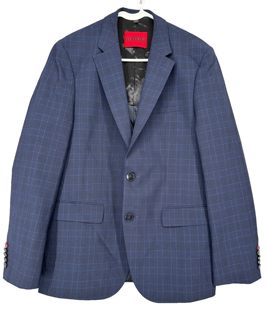 HUGO Suit Jacket Mens Size 36R Dark Blue Plaid Modern Fit Wool Blend NWT $495