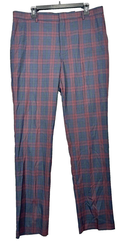 TOMMY HILFIGER Dress Pants Mens Size 30x30 Burgundy Blue Plaid Modern TATE NWT